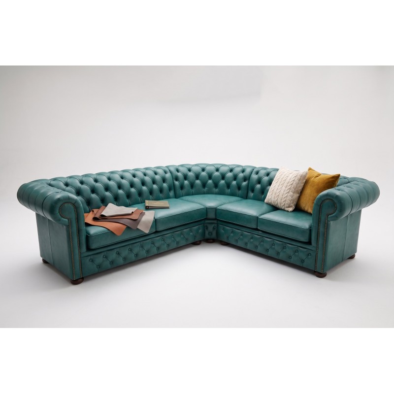 Ciemnozielony narożnik chesterfield Marlon 300x240 cm z poduszkami