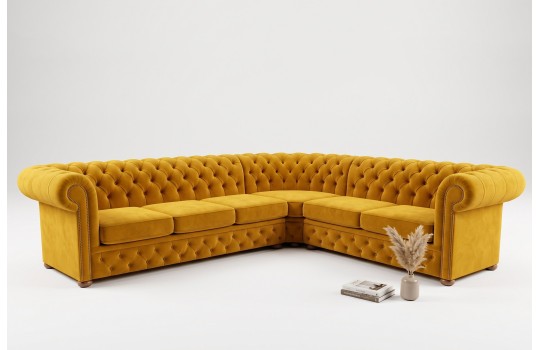 Żółty duży narożnik Marlon w stylu chesterfield na białym tle