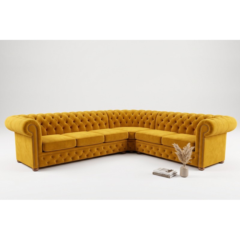 Żółty duży narożnik Marlon w stylu chesterfield na białym tle