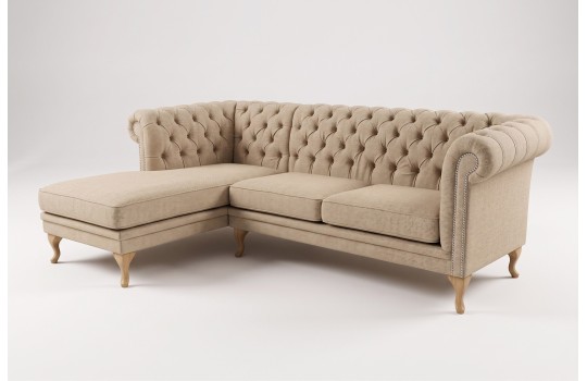 Beżowy narożnik chesterfield York 280x180 cm na wysokich nóżkach Beżowy narożnik chesterfield York 280x180 cm na wysokich nóżkach