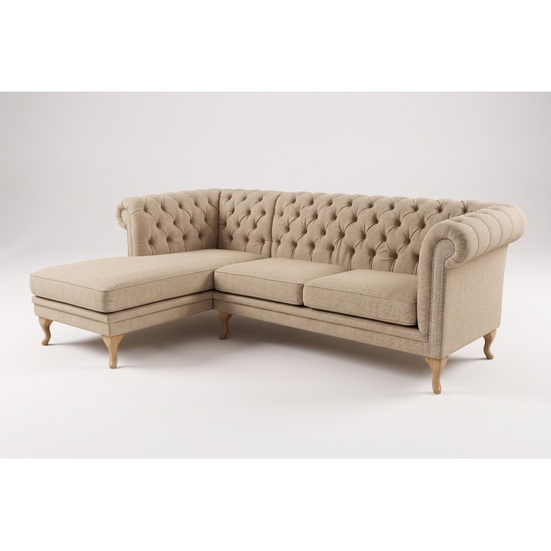 Beżowy narożnik chesterfield York 280x180 cm na wysokich nóżkach Beżowy narożnik chesterfield York 280x180 cm na wysokich nóżkach