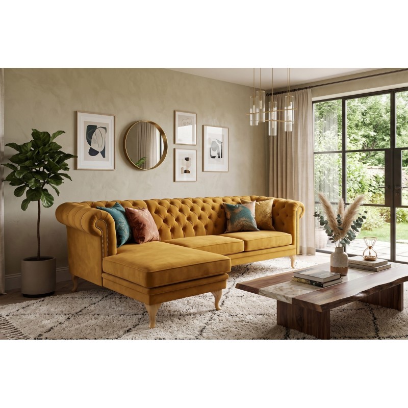 Musztardowa sofa narożna York 280x180 cm w aranżacji przestronnego salonu Musztardowa sofa narożna York 280x180 cm w aranżacji przestronnego salonu