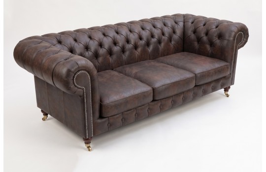 Kanapa chesterfield vintage Elpida 220 cm w ciemnobrązowej skórze z patyną