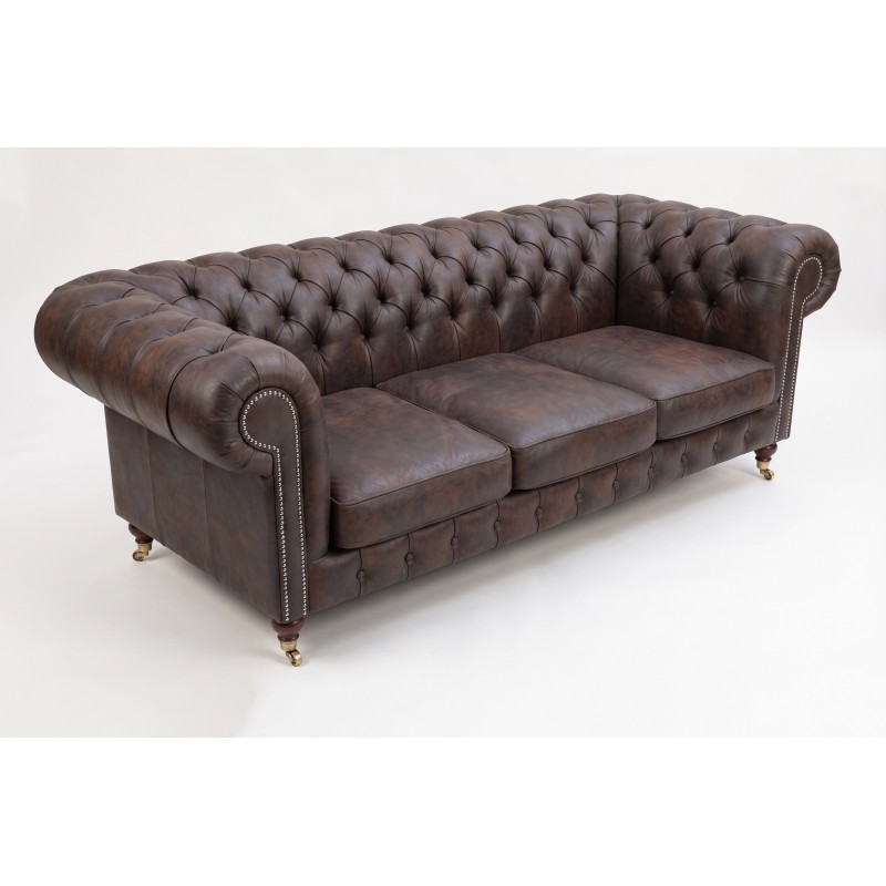Kanapa chesterfield vintage Elpida 220 cm w ciemnobrązowej skórze z patyną Kanapa chesterfield vintage Elpida 220 cm w ciemnobrązowej skórze z patyną