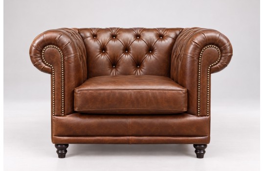 Fotel chesterfield Luiza z tej samej kolekcji w brązowej skórze Fotel chesterfield Luiza z tej samej kolekcji w brązowej skórze