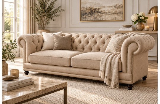 Sofa chesterfield do gabinetu Luiza 200 cm w beżowej tkaninie z ćwiekami na zaokrąglonych podłokietnikach