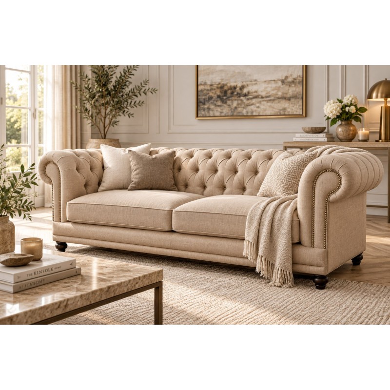 Sofa chesterfield do gabinetu Luiza 200 cm w beżowej tkaninie z ćwiekami na zaokrąglonych podłokietnikach Sofa chesterfield do gabinetu Luiza 200 cm w beżowej tkaninie z ćwiekami na zaokrąglonych podłokietnikach