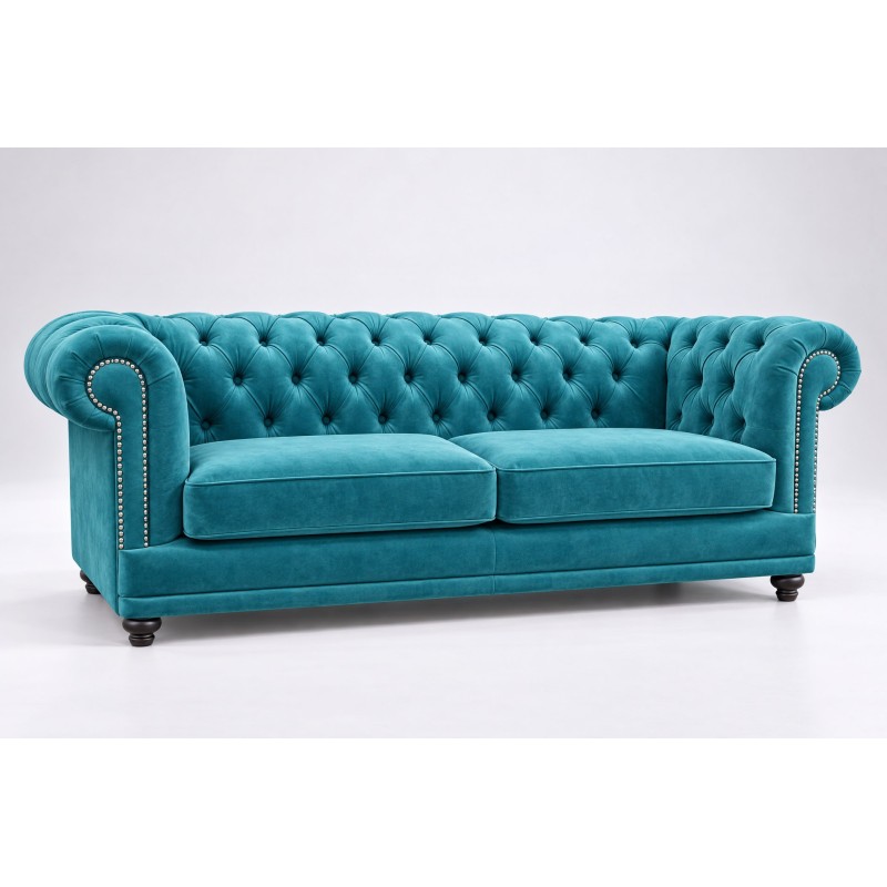Turkusowa welurowa sofa chesterfield Luiza widziana pod kątem Turkusowa welurowa sofa chesterfield Luiza widziana pod kątem